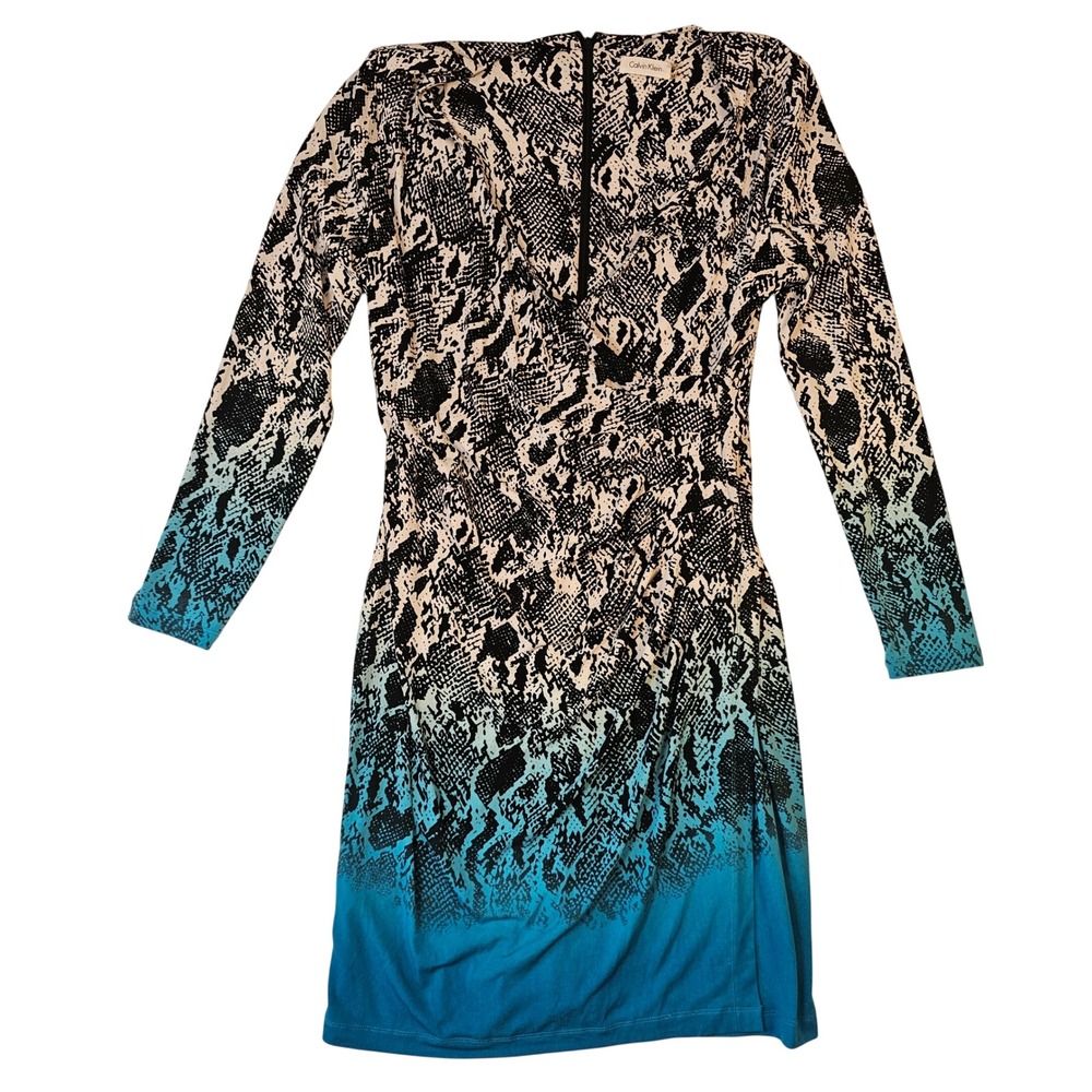 Calvin Klein Womens Snakeskin Ombre Sheath Dress Blue Black Size 12 Long Sleeve
